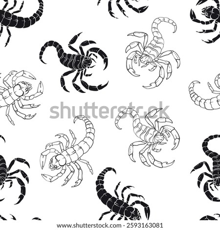Seamless pattern with Black and line art scorpion isolated on white, Silhouettes of various types of scorpion.