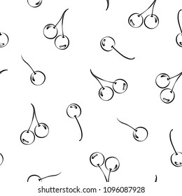 Seamless pattern with black line cherries on white background. Vector illustration. Summer  bright Vector illustration good for printing. Food ornament