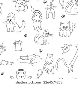 Seamless pattern with black line drawings of cats.This black and white seamless cat pattern is perfect for creative projects like fabrics. The minimalistic yet playful design makes it versatile
