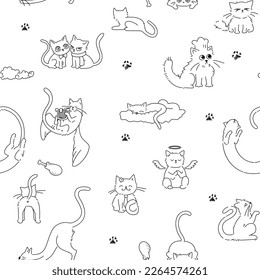 Seamless pattern with black line drawings of cats.This black and white seamless cat pattern is perfect for creative projects like fabrics. The minimalistic yet playful design makes it versatile