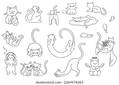 Seamless pattern with black line drawings of cats set against a white background. The repeating design is ideal projects such fabrics, wallpaper, wrapping paper