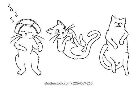 Seamless pattern with black line drawings of cats set against a white background. The repeating design is ideal projects such fabrics, wallpaper, wrapping paper