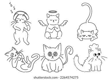 Seamless pattern with black line drawings of cats set against a white background. The repeating design is ideal projects such fabrics, wallpaper, wrapping paper