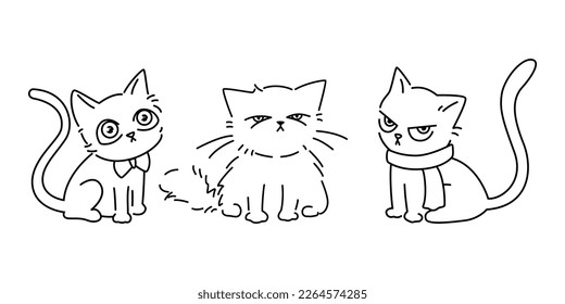 Seamless pattern with black line drawings of cats set against a white background. The repeating design is ideal projects such fabrics, wallpaper, wrapping paper
