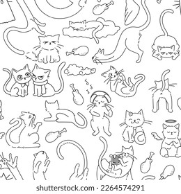 Seamless pattern with black line drawings of cats.This black and white seamless cat pattern is perfect for creative projects like fabrics. The minimalistic yet playful design makes it versatile