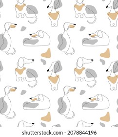 Seamless pattern of black line silhouettes or contours of dog Dachshund breed in various poses with spots. Hand-drawn stylized image. Vector illustration
