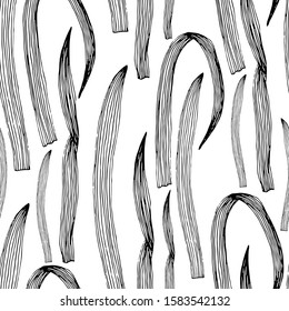 Seamless pattern with black line vintage grass. Hand drawn botanical illustration in trendy style on white background. Textile print design. Vector abstract graphic texture.