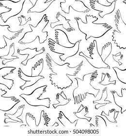 Seamless pattern with black lineal birds on white background. Vector hand drawn birds.