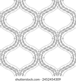 Seamless pattern with black linear floral ogee geometrical motifs on a white background. Minimalist classic abstract repeat wallpaper.