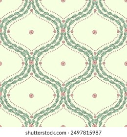 Seamless pattern with black linear floral ogee geometrical motifs on a cream background. Minimalist classic abstract repeat wallpaper.