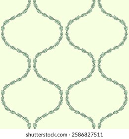 Seamless pattern with black linear floral ogee geometrical motifs on a cream background. Minimalist classic abstract repeat wallpaper.