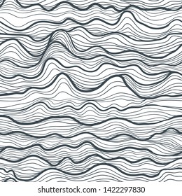 Seamless pattern with black linear waves. Design for backdrops and colouring book with sea, rivers or water texture. Repeating texture. Figure for textiles. Print for the cover of the book, postcards.