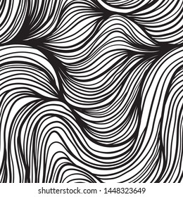 Seamless pattern with black linear waves. Design for backdrops and colouring book with sea, rivers or water texture. Repeating texture. Figure for textiles. Print for the cover of the book, postcards.