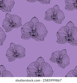 Seamless pattern of black line-drawn orchid flowers on a purple  background.  For wallpaper, botany pattern, packaging design