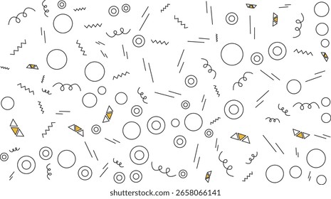 Seamless pattern of black lines circles zigzags spirals and yellow triangles on white background