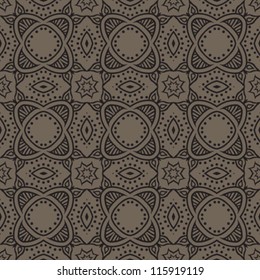 Seamless pattern with black lines and dots creating flourish, flower shapes, vector texture background.