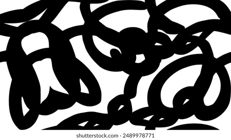 Seamless pattern of black lines forming squiggles and repeating tulips. Monochrome on transparent background. Vector.