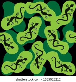 Seamless pattern. Black lizards and green contour on black backround. Vector graphic illustration.