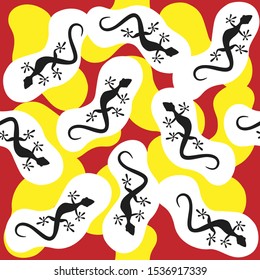 Seamless pattern. Black lizards and white yellow contour on red backround. Vector graphic illustration.