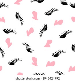 Seamless pattern black long eyelashes and pink heart shape wallpaper illustration background cosmetic beauty vector card
