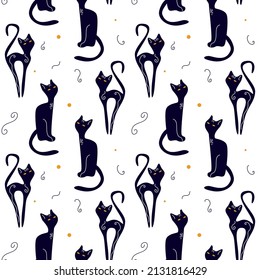 Seamless pattern of black magic cats. Vector illustration on a white background for decoration, packaging, print