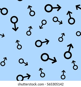 Seamless pattern with black male symbols. Male small signs different sizes. Pattern on blue background. Vector