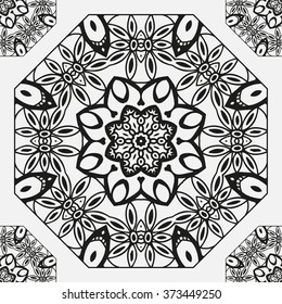 Seamless pattern with black mandala round circular ornament, geometric floral pattern, decorative repeating texture. Tribal ethnic motif, vector abstract background