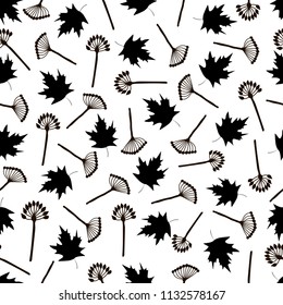 Seamless pattern with black maple leaves and plants on the white background . Vector illustration