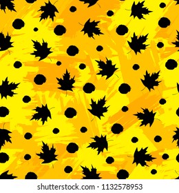 Seamless pattern with black maple leaves and dots on the colorful brush painted background.Vector illustration