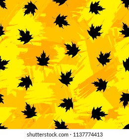 Seamless pattern with black maple leaves on the colorful brush painted background . Vector illustration