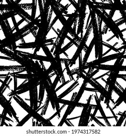Seamless pattern with black marker brushstrokes in abstract shapes on white background. Vector illustration