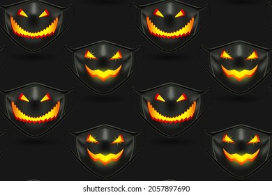 Seamless pattern with black medical masks for Halloween. With scary carved muzzles. Realistic illustration on a black background. Vector.