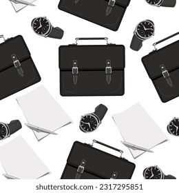 Seamless pattern black men's briefcase,wristwatch,blank sheet of paper and pen on a white background.Vector pattern for Father's Day designs,textiles, postcards.