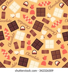 Seamless pattern with black, milk and white chocolate bars and candies. Abstract background with tasty gourmet items. Can be used for wallpaper and wrapping paper. Vector design illustration. 