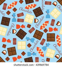 Seamless pattern with black, milk and white chocolate bars and candies. Abstract background with tasty gourmet items. Can be used for wallpaper and wrapping paper. Vector design illustration.