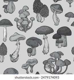 Seamless pattern with black monochrome mushrooms, graphic drawing, cut truffle, porcini mushroom, shiitake and chanterelles isolated. Vector illustration