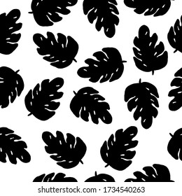 Seamless pattern with black Monstera leaves on a white background. Vector isolated illustration with elegant Monstera leaves for the design of dresses, tablecloths, blouses. Doodle style.