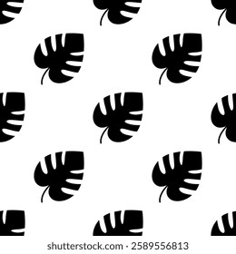 Seamless pattern with black monstera leaves on a white background.Tropical foliage vector pattern.