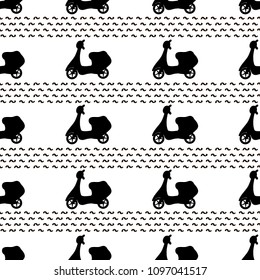 Seamless pattern with black mopeds on the white background. Vector illustration