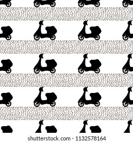 Seamless pattern with black mopeds on the white background. Vector illustration