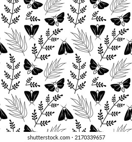 Seamless pattern with black moths and plants. Vector illustration with butterflies on a white background.