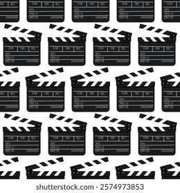 Seamless pattern with black movie clapper board. Fun cinema print.