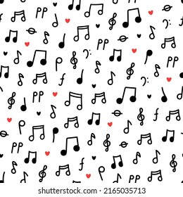 Seamless pattern with black musical notes on white background. Vector backdrop illustration hand drawn in doodle style