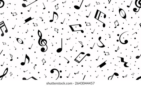 seamless pattern with black musical notes and symbols. Musical background for fabric prints, wrapping paper, website, stationery