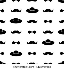 Seamless pattern with black mustache, hat and bow tie. Vector illustration