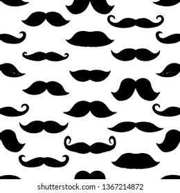 Seamless pattern of black mustaches isolated on white background. Hand drawn mustaches. Vector illustration.