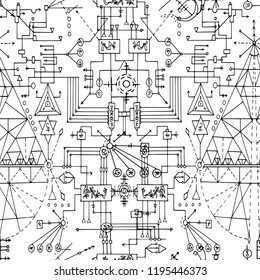 Seamless pattern with black mystic geometric lines and symbols on white. Esoteric, occult and wicca concept, Halloween illustration with mystic symbols and sacred geometry 