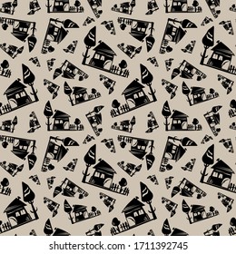 Seamless pattern with black night house, fence and tree scattered throughout the background.
You can set your own background.