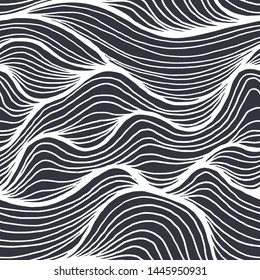 Seamless pattern with black noise linear waves. Design for backdrops and colouring book with sea, rivers or water texture. Repeating texture. Figure for textiles.