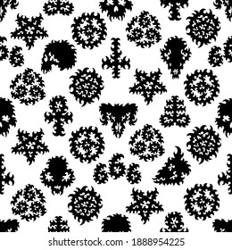 Seamless pattern with black occult symbols, and skulls isolated on white background.